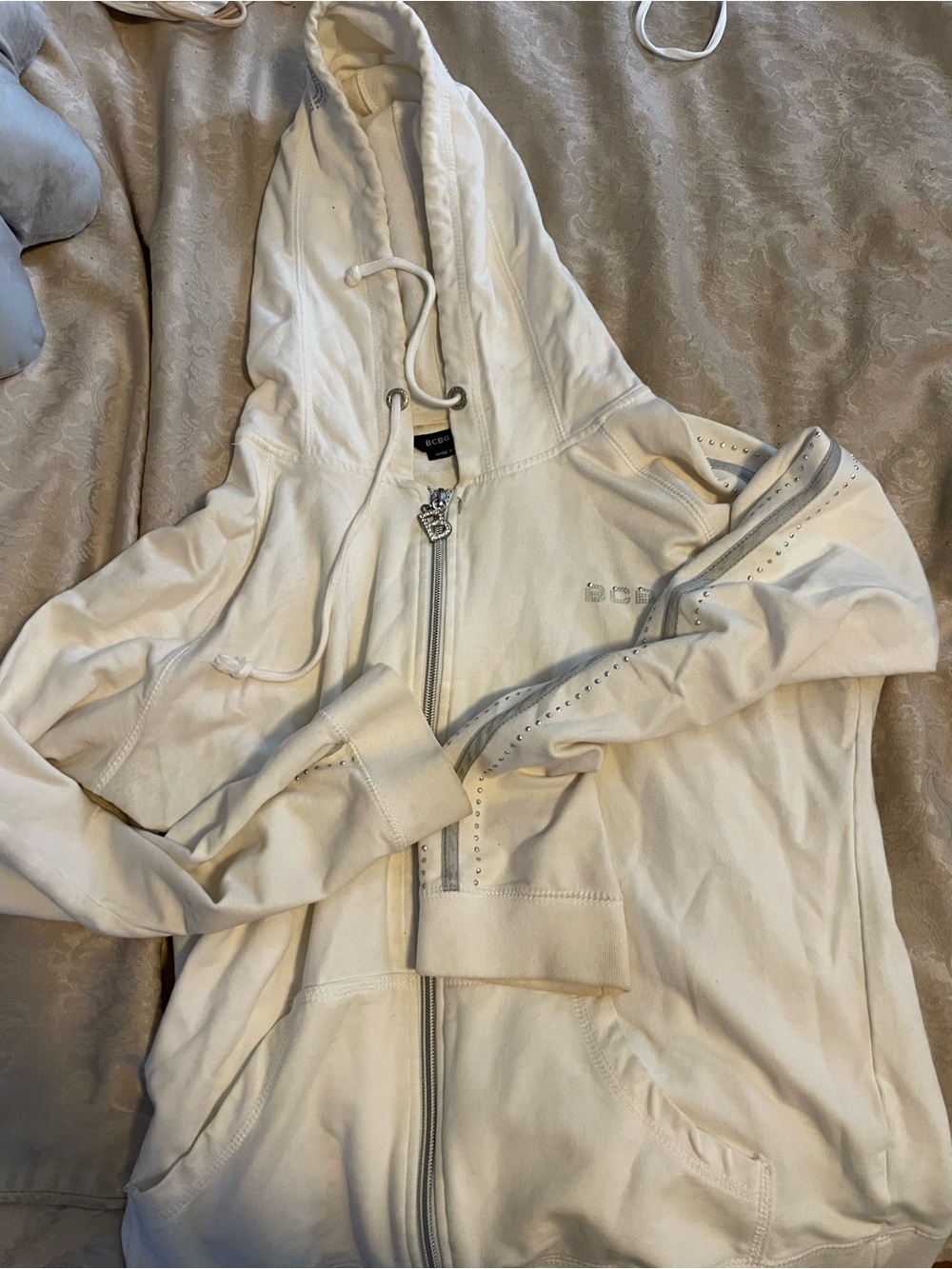 White Embellished BCBG Zip-Up Hoodie Jacket no size label, appears to be a small
